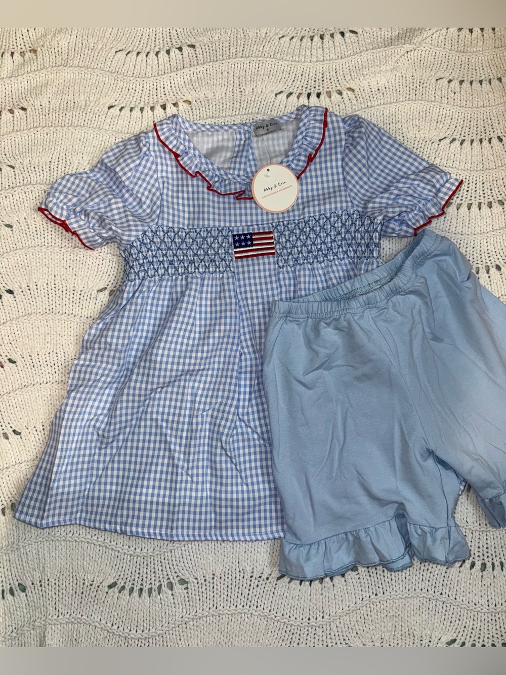 Light Blue Gingham Smocked Kids Set with Red Trim by Abby & Evie